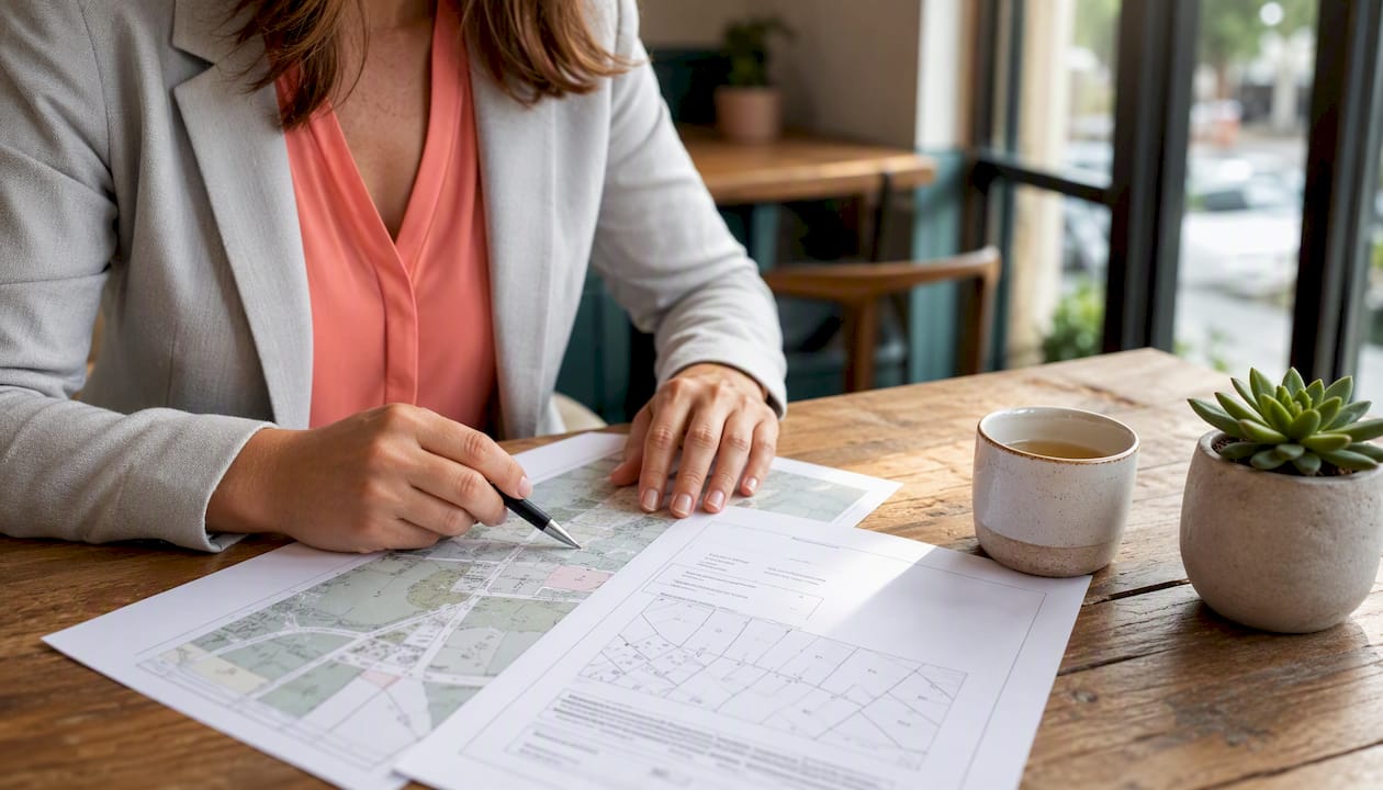 Hands pointing at land registry and cadastral maps