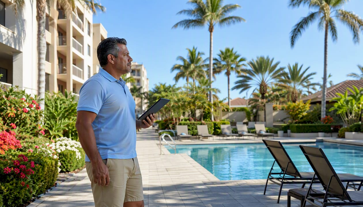 Maintenance manager inspecting property exterior