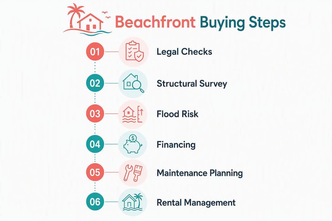 Infographic showing key steps in beachfront home buying
