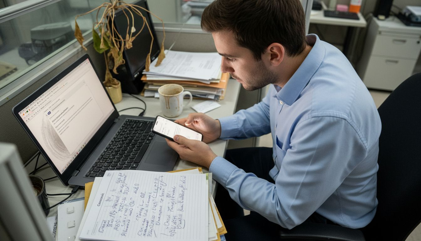 Un gerente revisando información en su portátil dentro de su oficina.