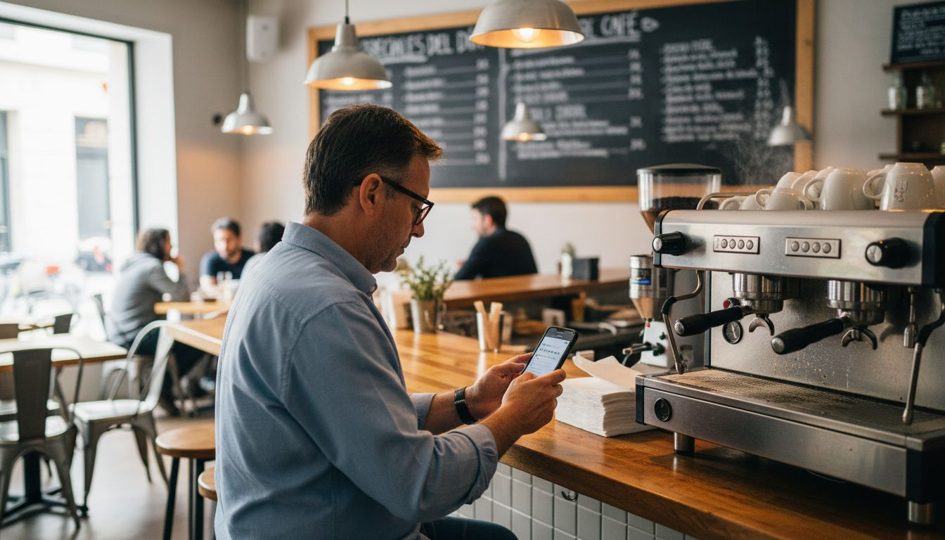 Propietario de restaurante atento a las notificaciones de nuevas opiniones