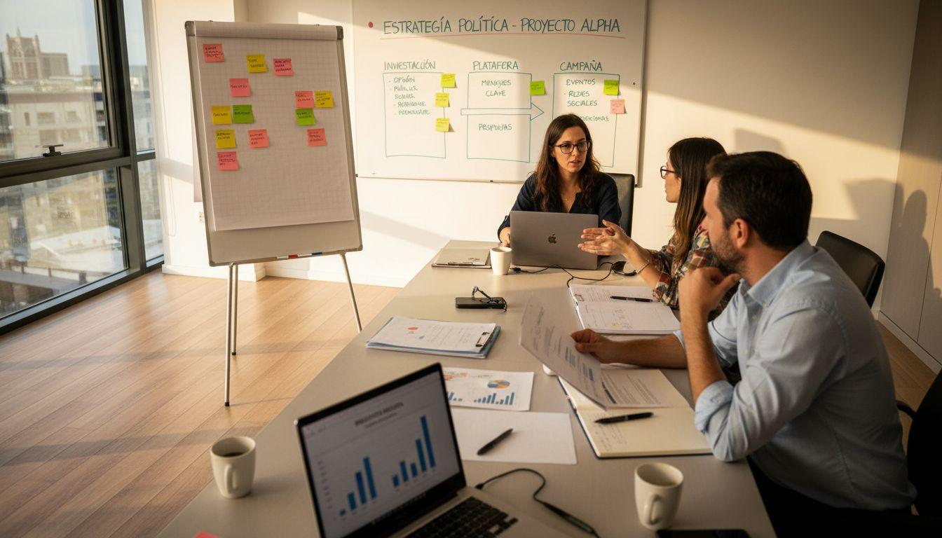 Reunión de un equipo político analizando estrategias en la sala de juntas.