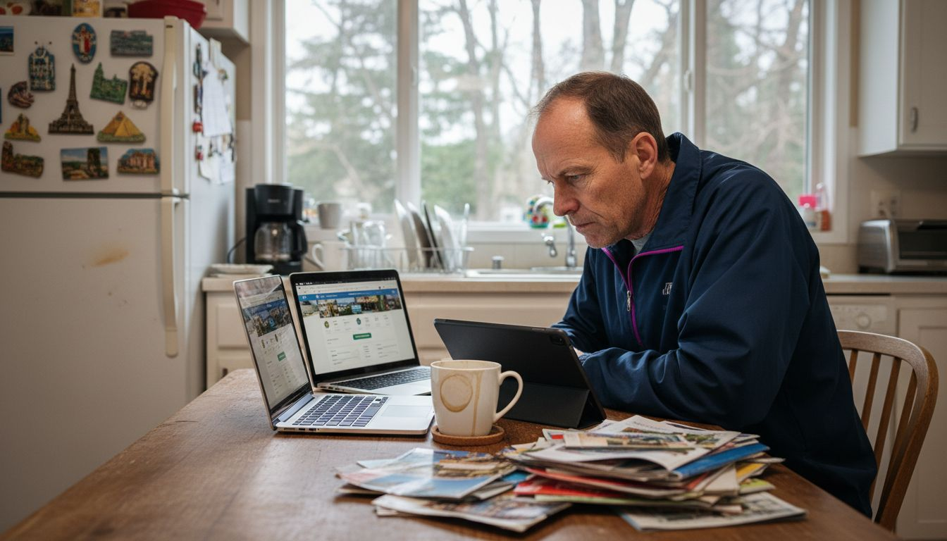 Man comparing travel prices at cluttered table