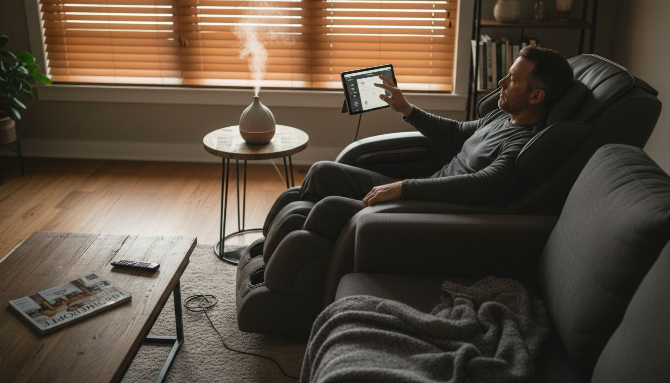 Man using smart massage chair and app