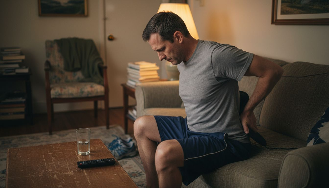 Man using heating pad for muscle therapy