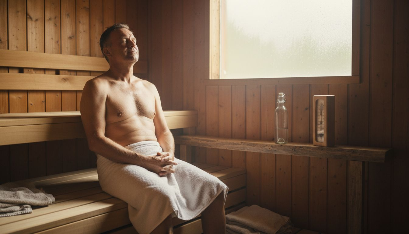 Man relaxing in cedar sauna for heat therapy