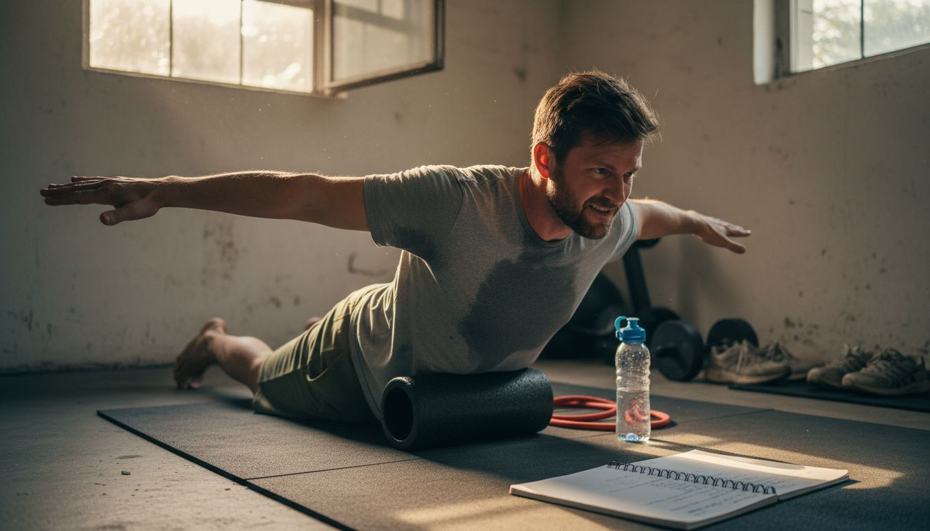 Man stretching using foam roller after exercise