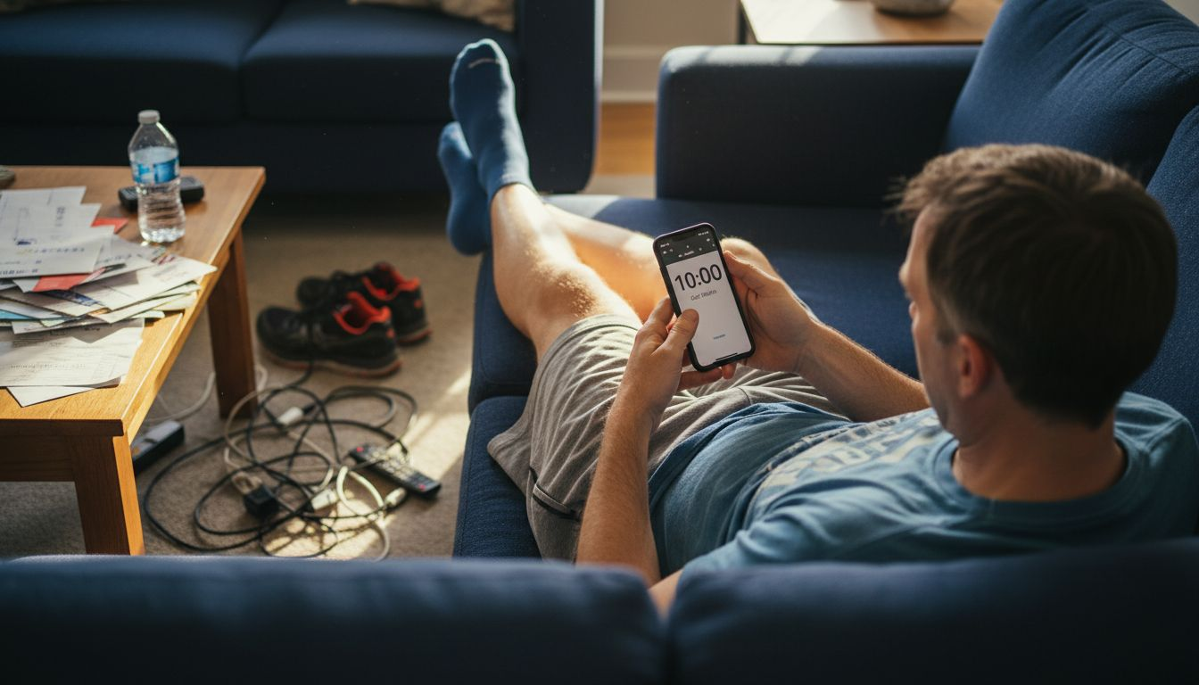 Man practicing muscle relaxation on couch