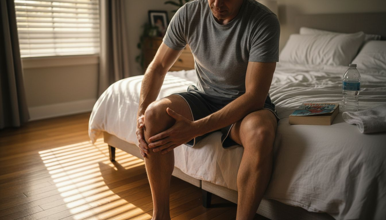Man massaging his calf in bedroom