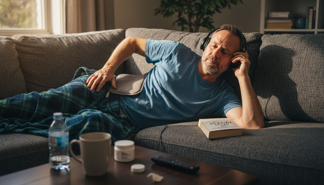 Man using heating pad and pain relief tools