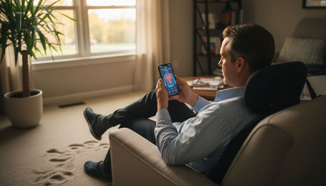 Man using smart massage cushion with app