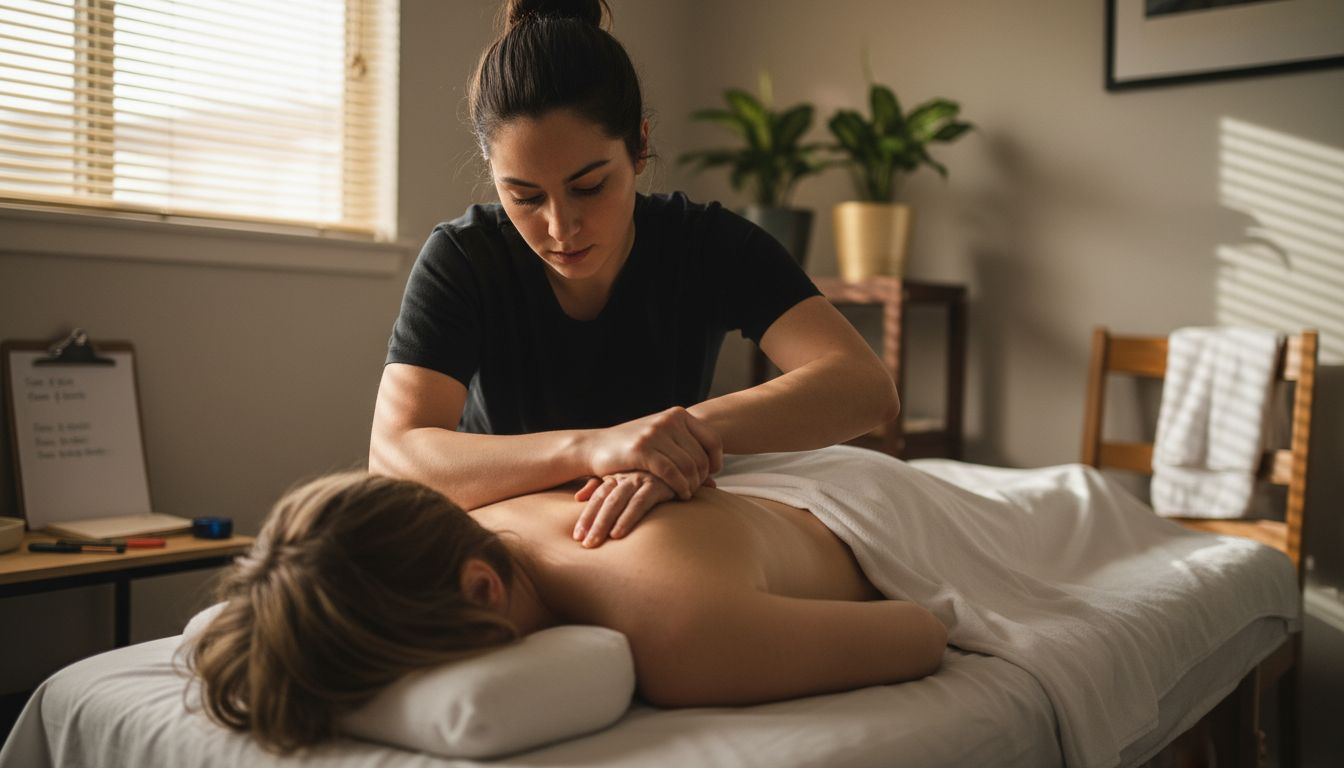 Deep tissue massage therapist working on client’s back