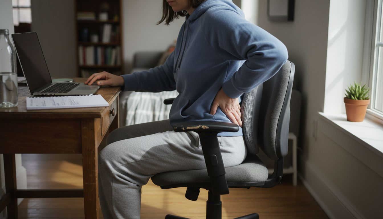 Woman adjusting lumbar support pillow at desk