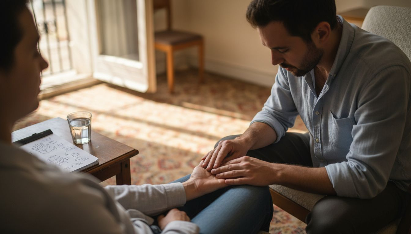 Reflexologist demonstrating hand pressure technique