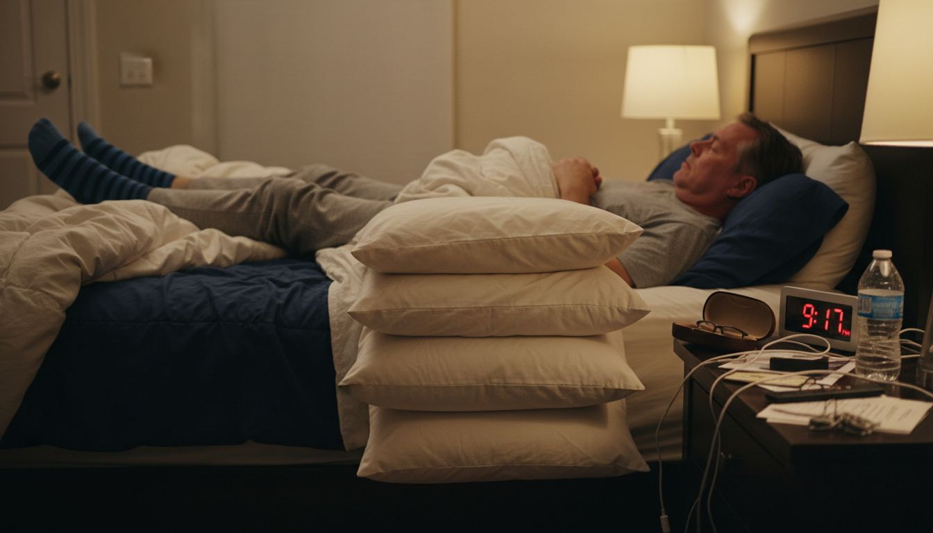 Man elevating legs on pillows before sleep