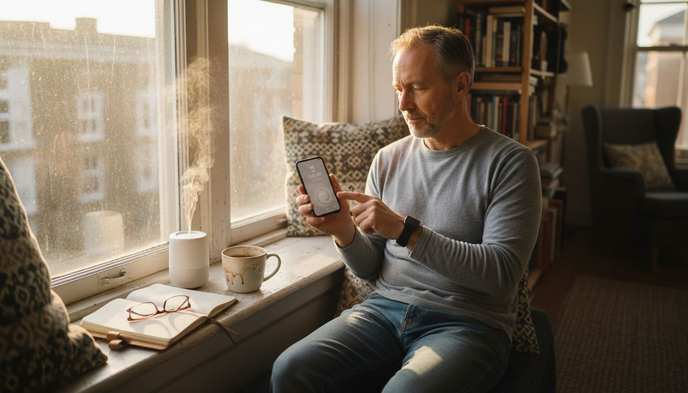Man using stress relief devices at home