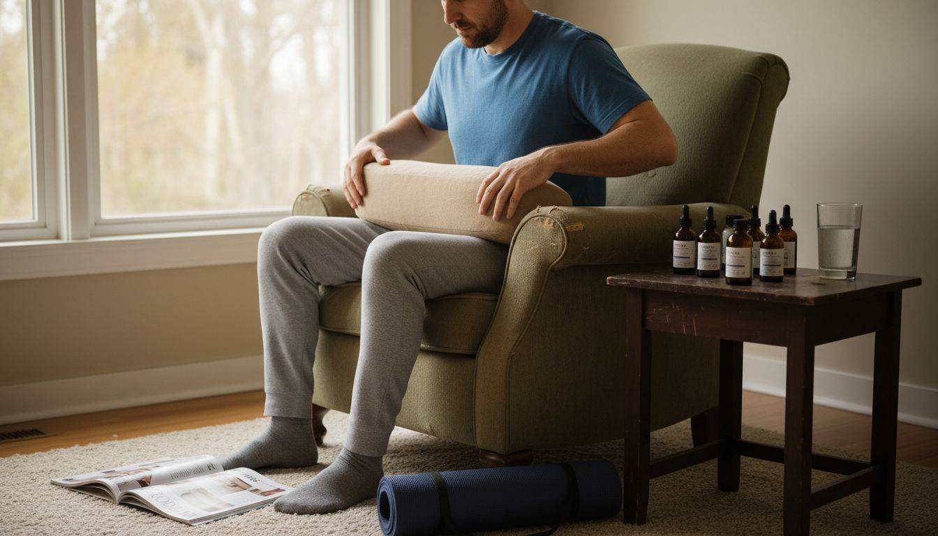 Man arranges ergonomic wellness products for comfort