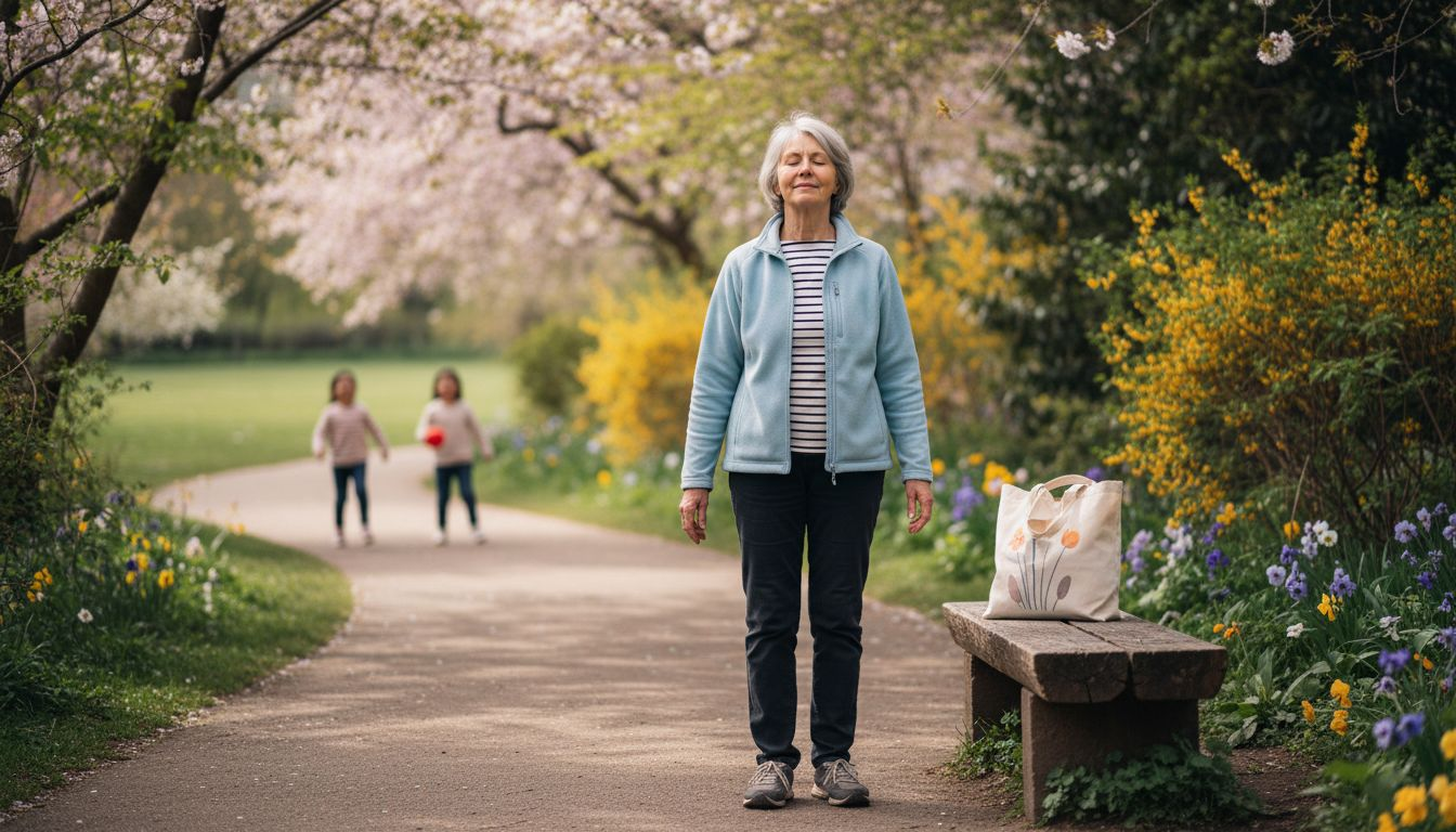 Senior woman mindful walking outdoors