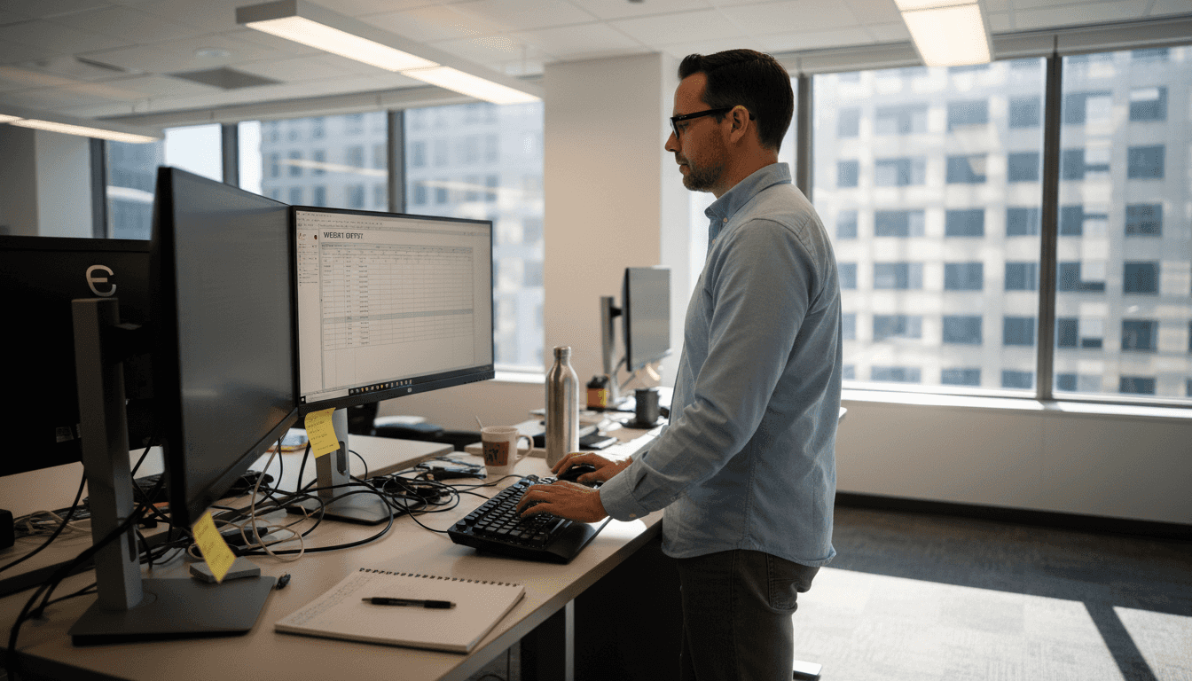Man working at sit-stand desk for productivity