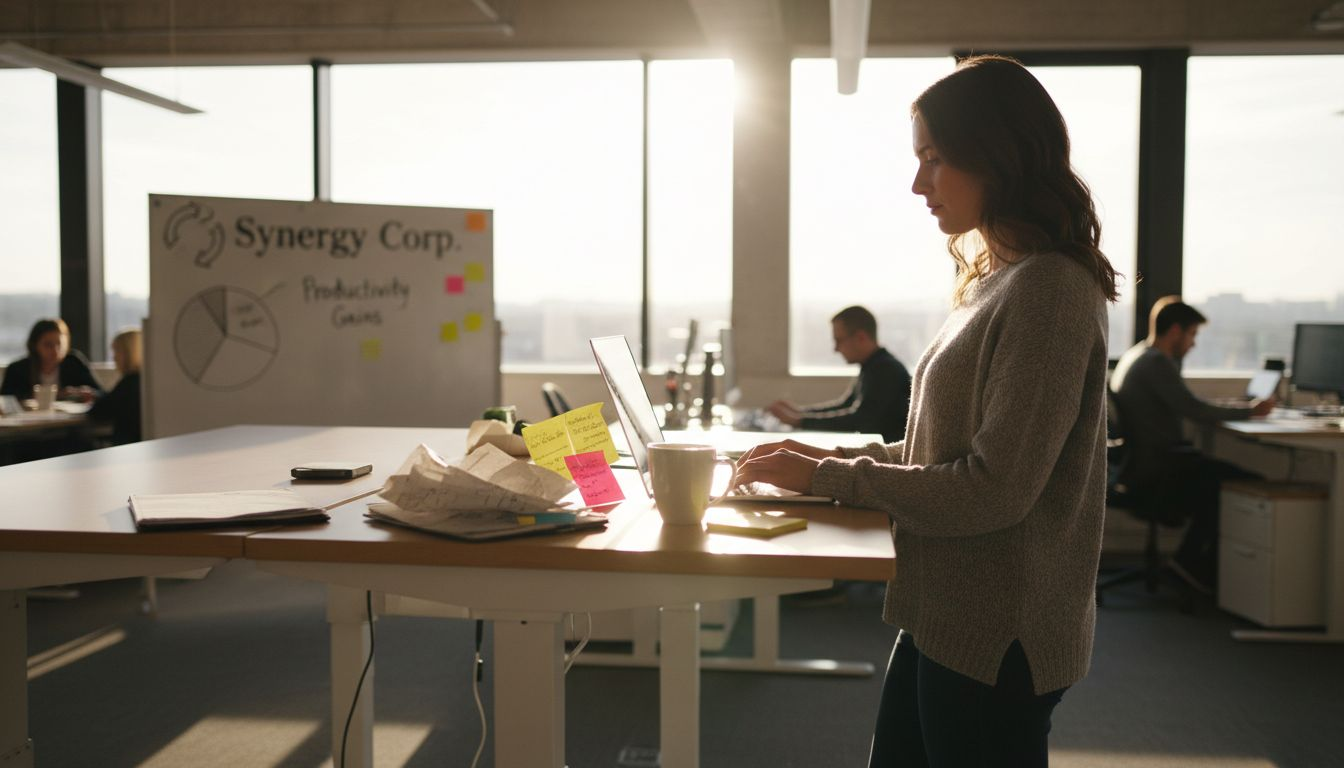 Woman using sit-stand desk at workplace