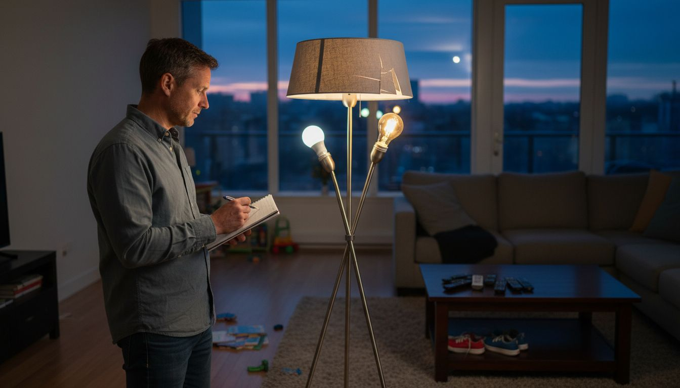 Man checking lamp bulbs in living room dusk