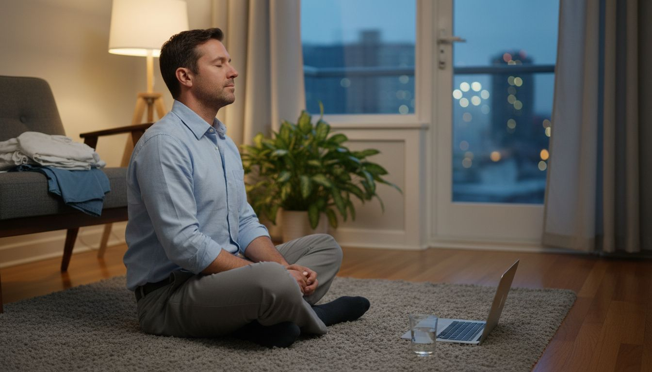Man doing evening relaxation breathing on rug