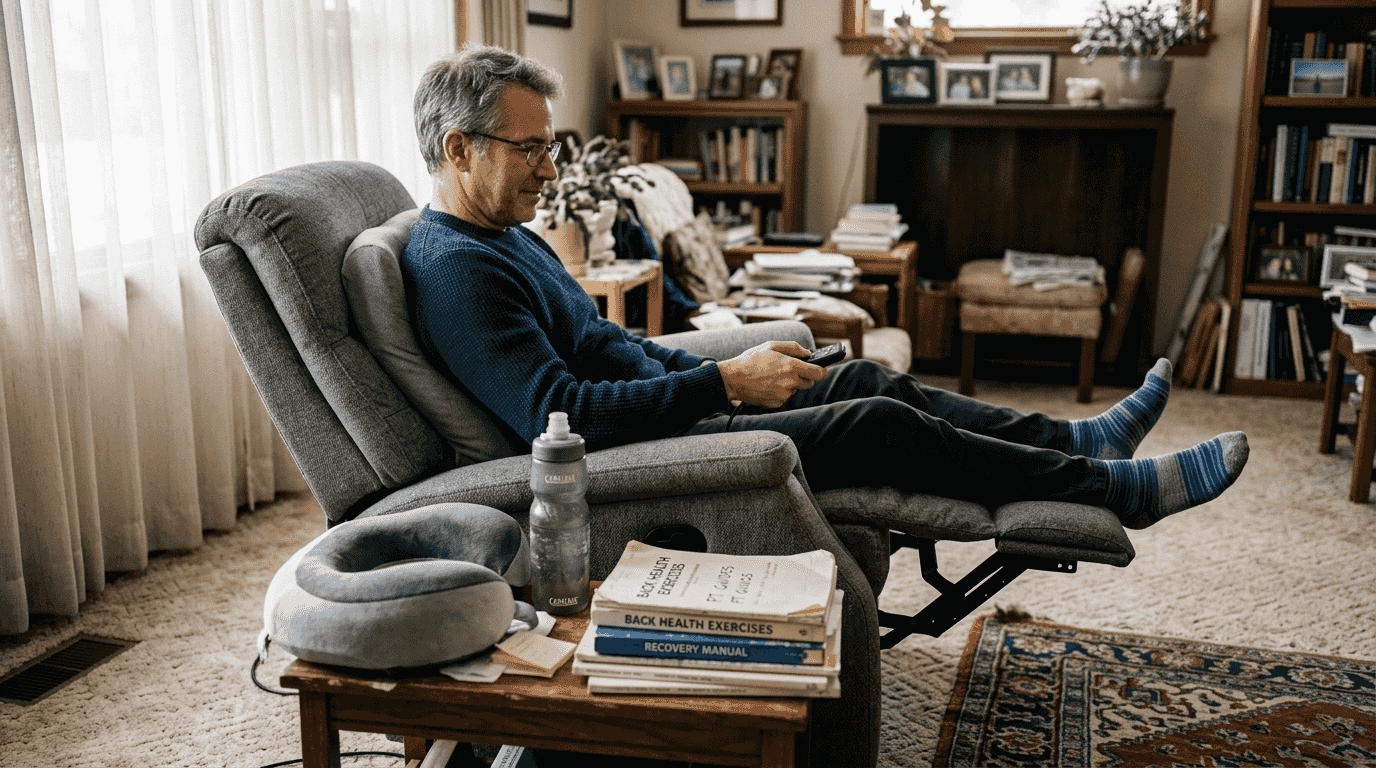 Man adjusting ergonomic recliner for spinal support