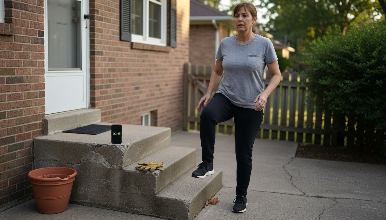 Woman doing calf raises at home steps