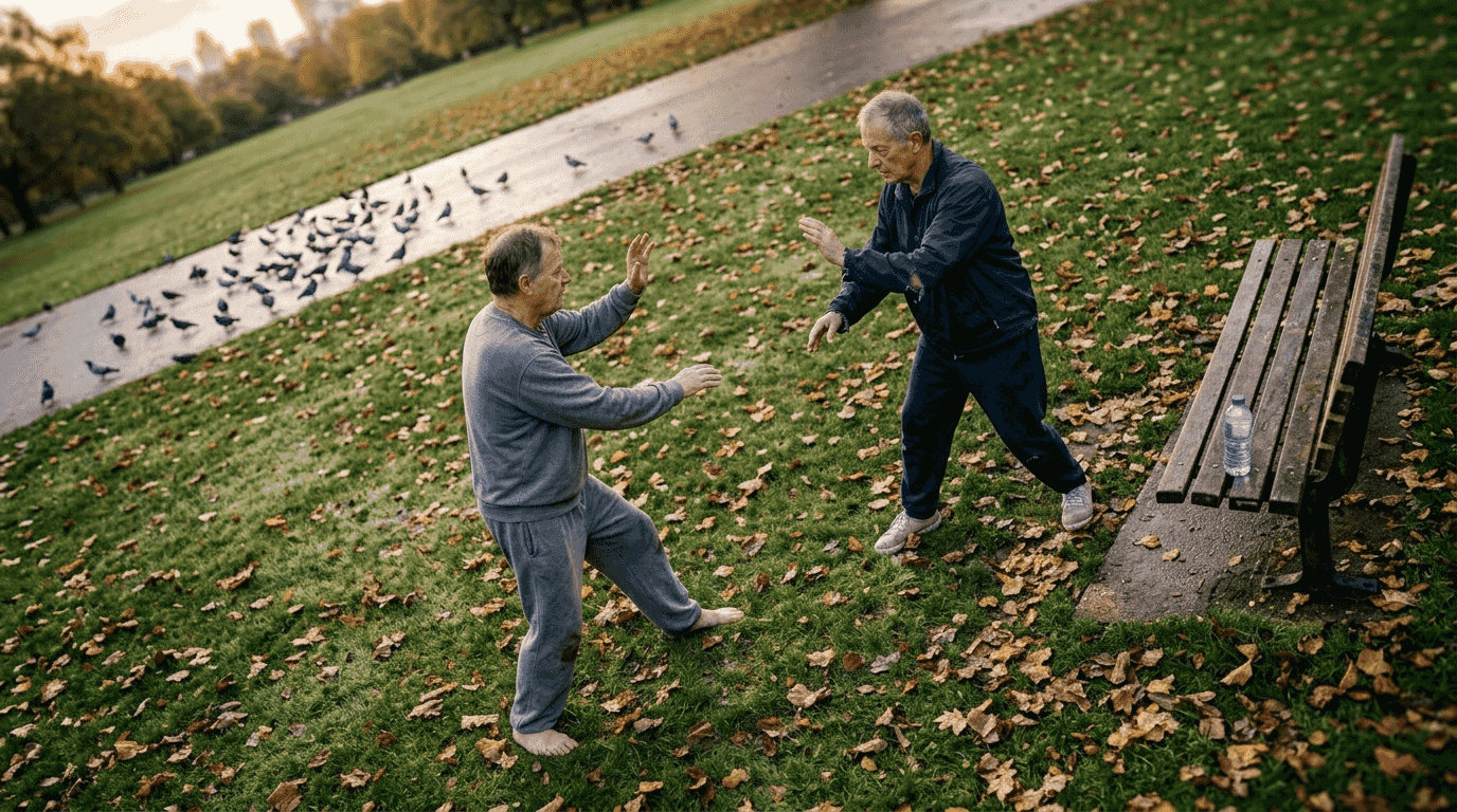 Older adults practicing tai chi in city park
