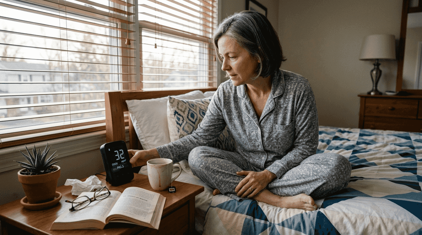 Woman checks air quality monitor in bedroom