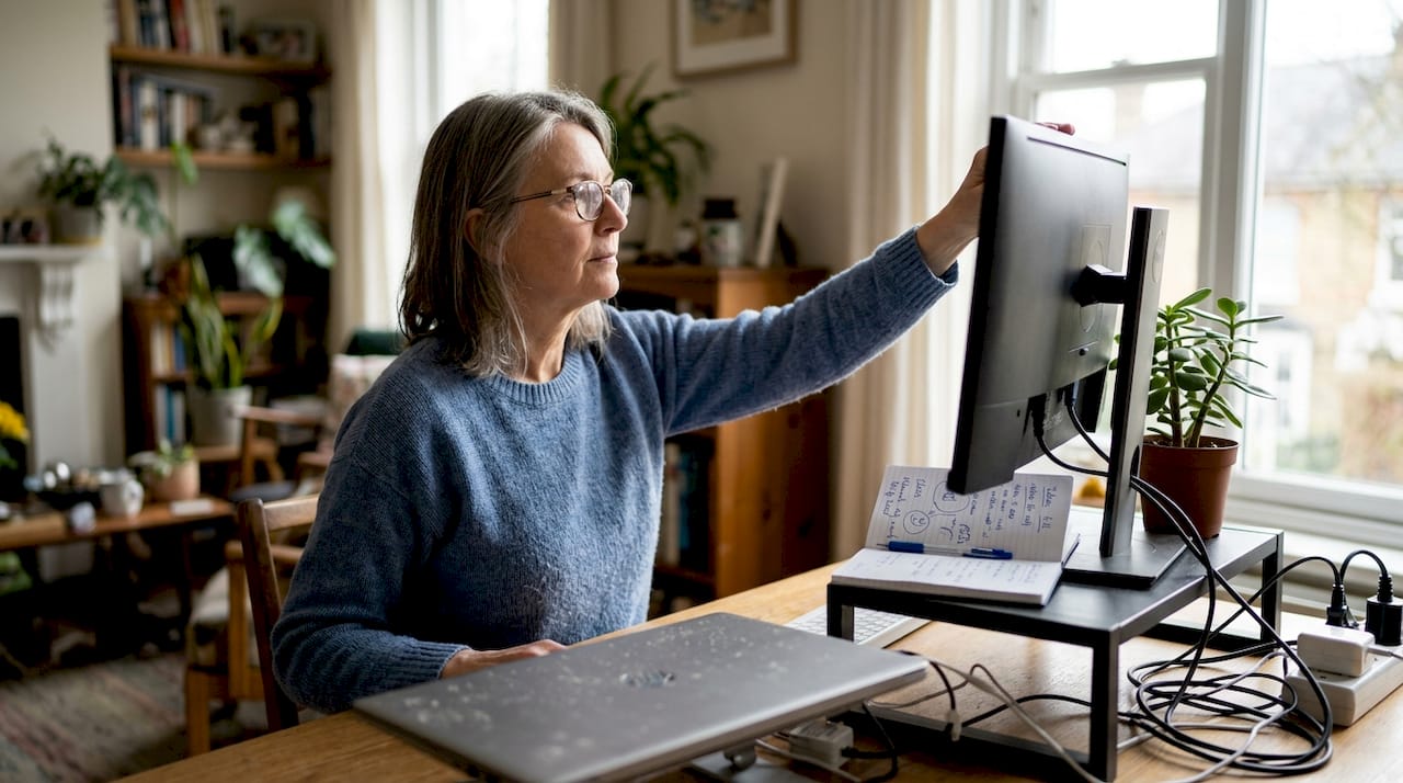 Older woman adjusting computer monitor height at home
