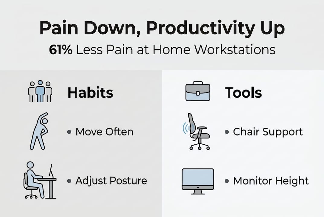 Infographic on reducing pain using ergonomic tools and habits