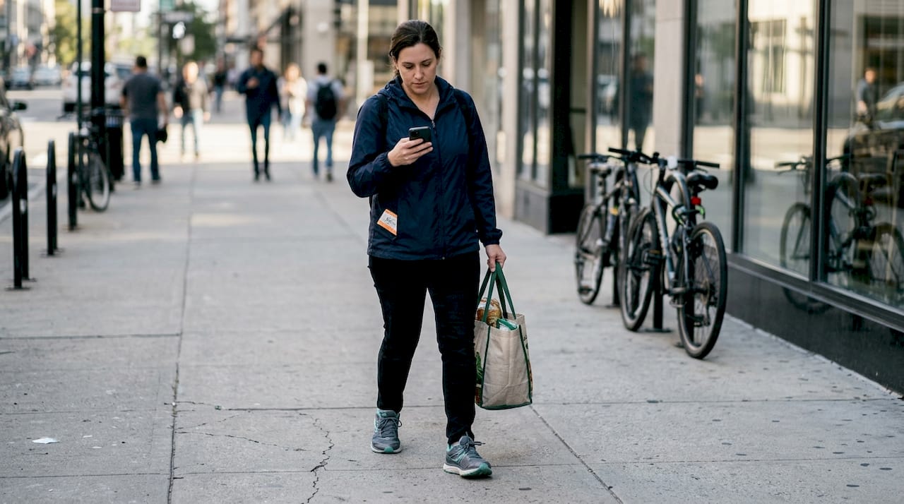 Woman walking on city sidewalk in cushioned shoes