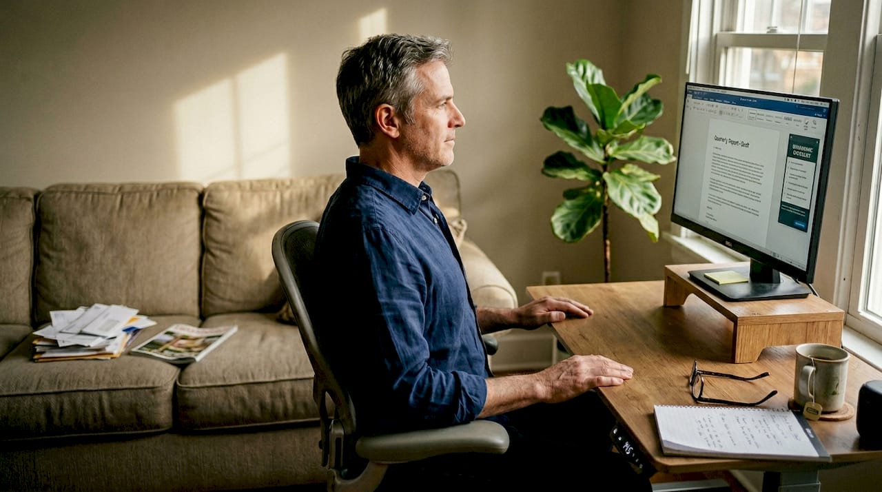 Man doing posture exercise at living room desk