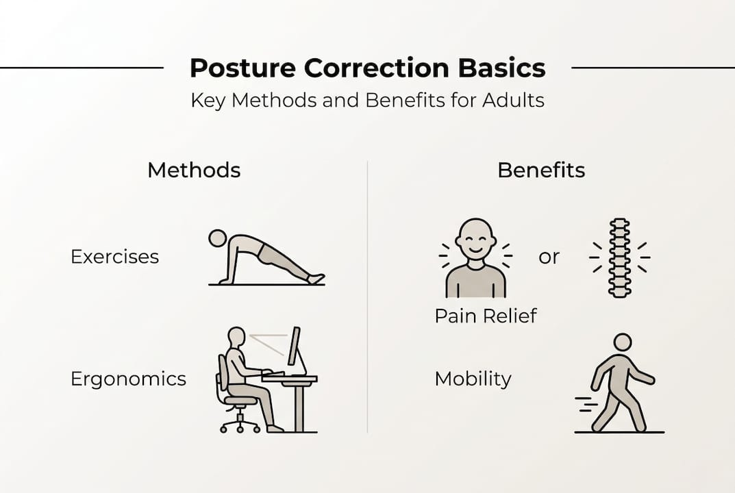 Infographic summarizing posture correction methods and benefits