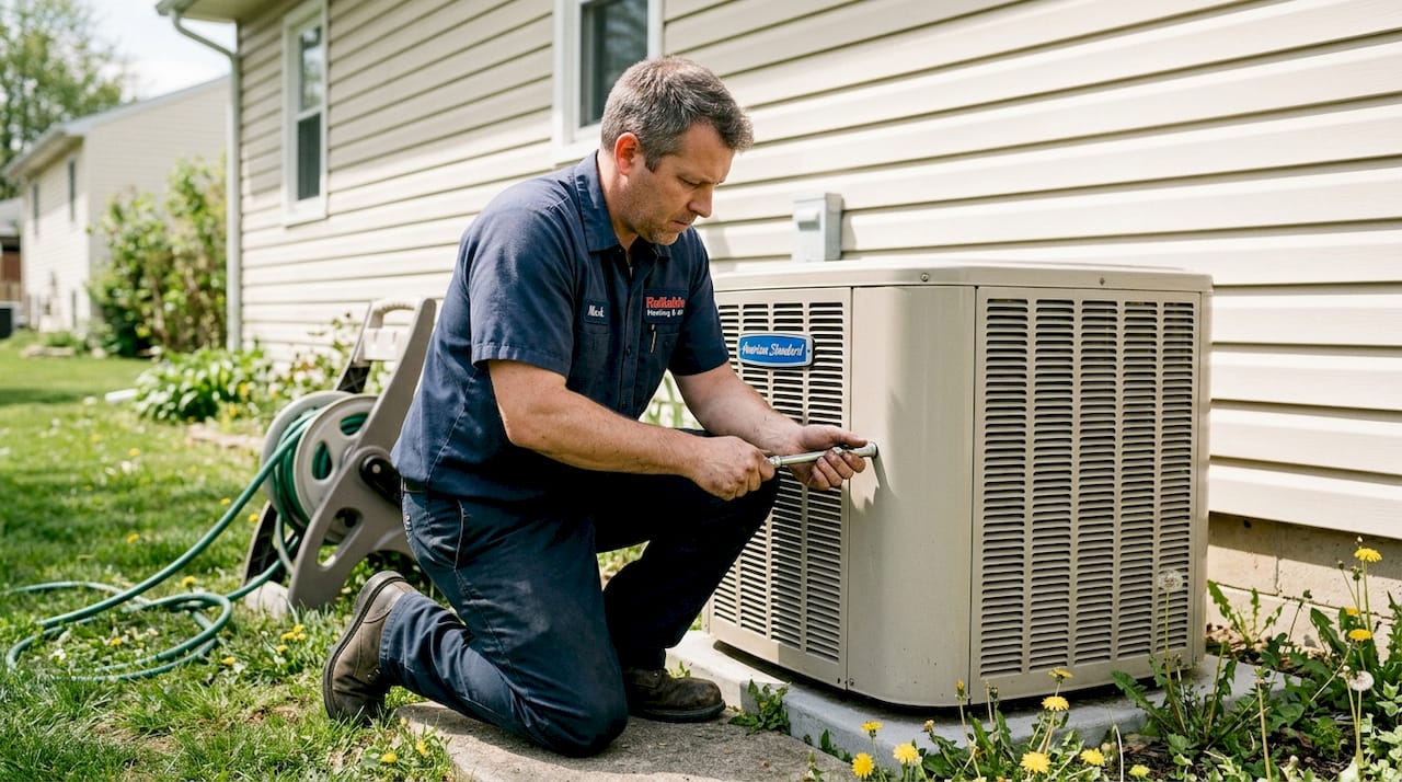 HVAC technician working on outdoor heat pump