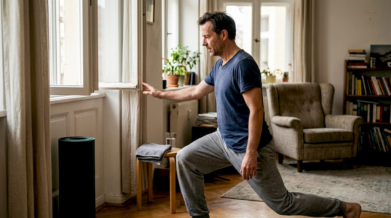 Man in late 40s performing lunges indoors