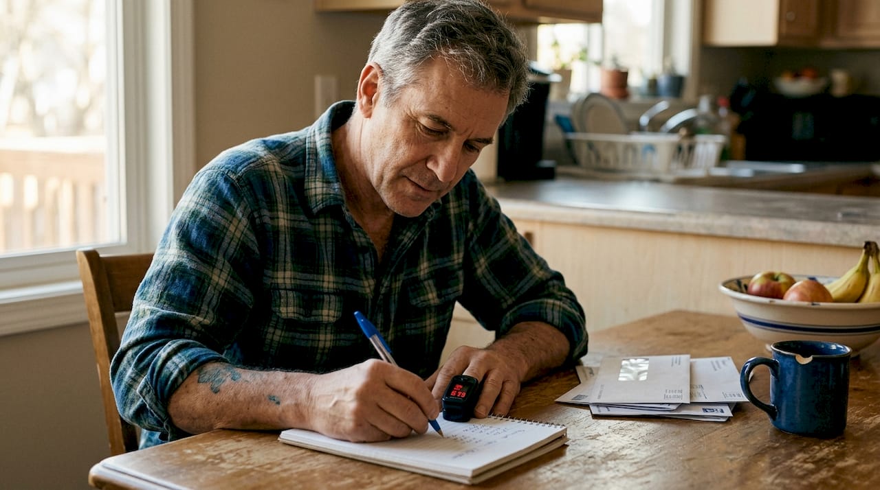 Man recording pulse oximeter readings at home