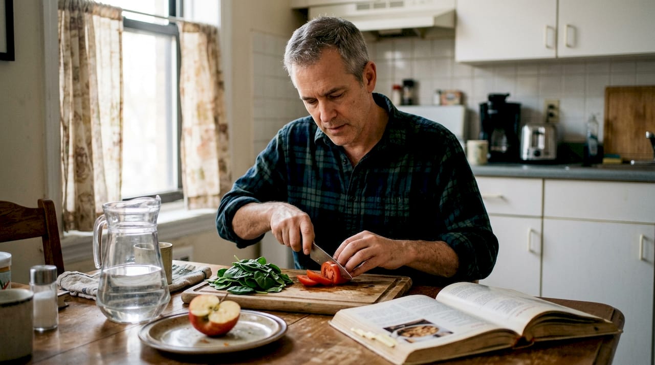 Midlife man preparing nutritious meal at table