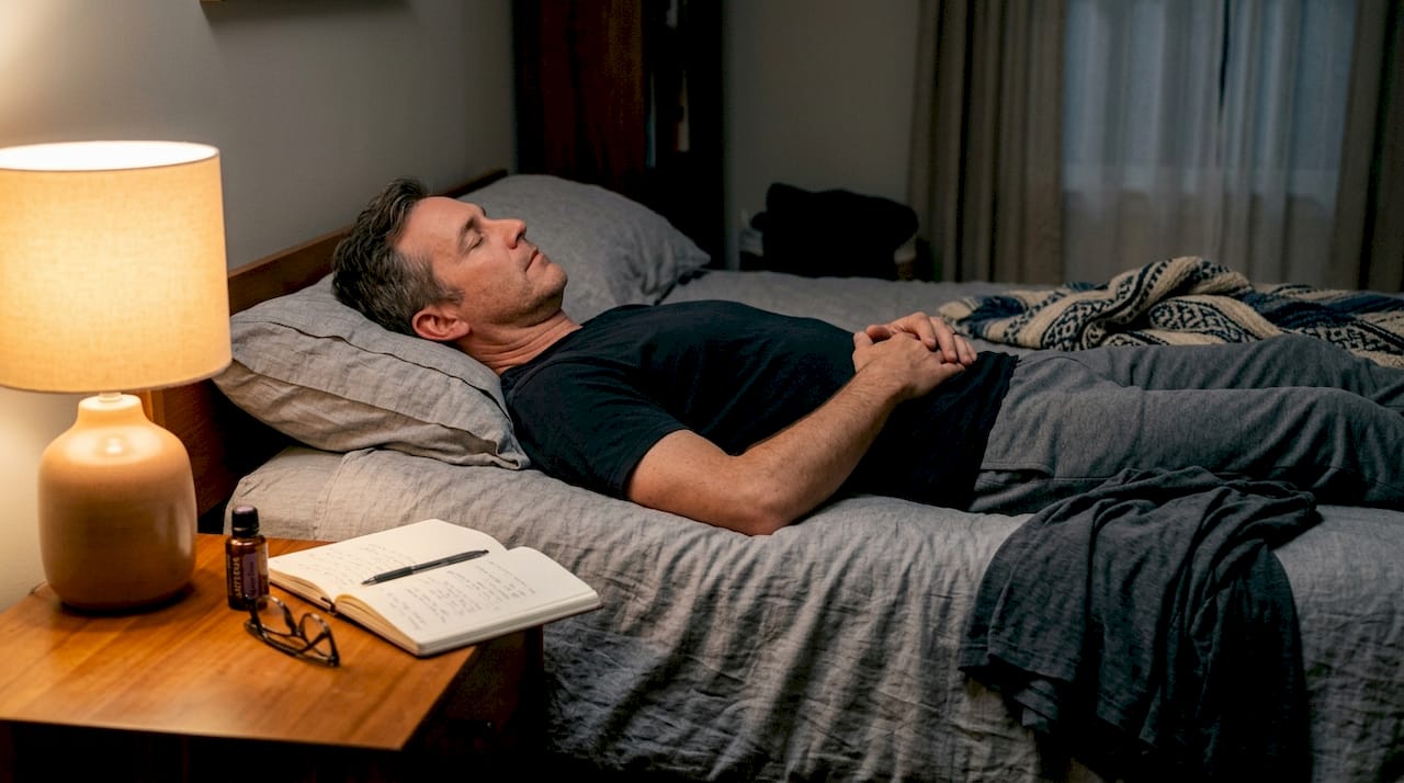 Man practicing body scan meditation in bedroom