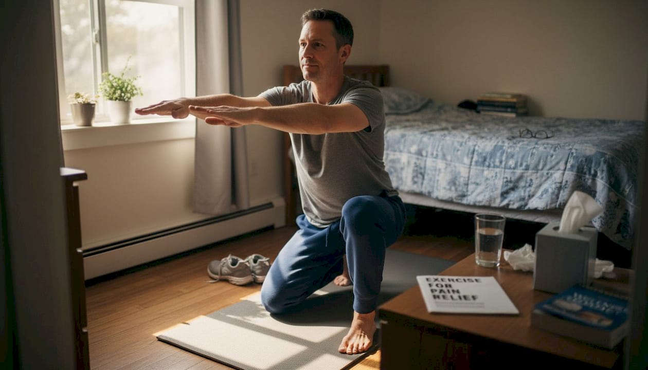 Man stretching for pain relief at home