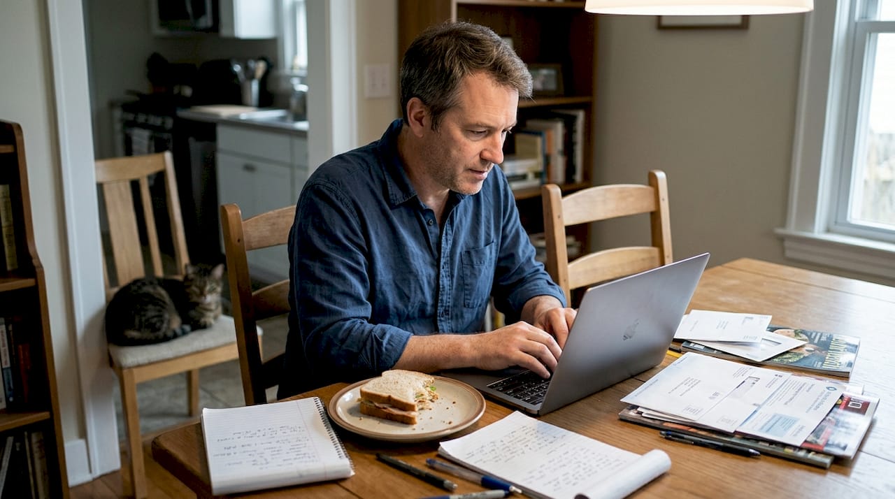 Man working uncomfortably at cluttered table