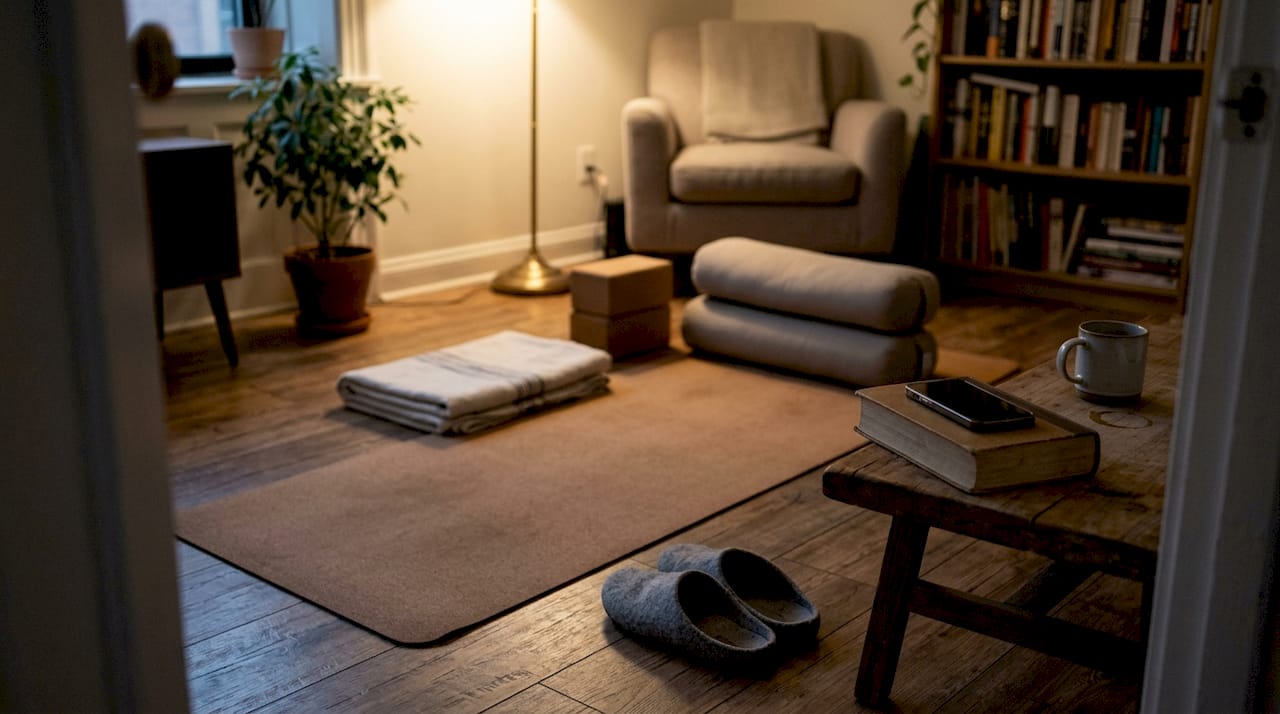 Restorative yoga corner setup in apartment