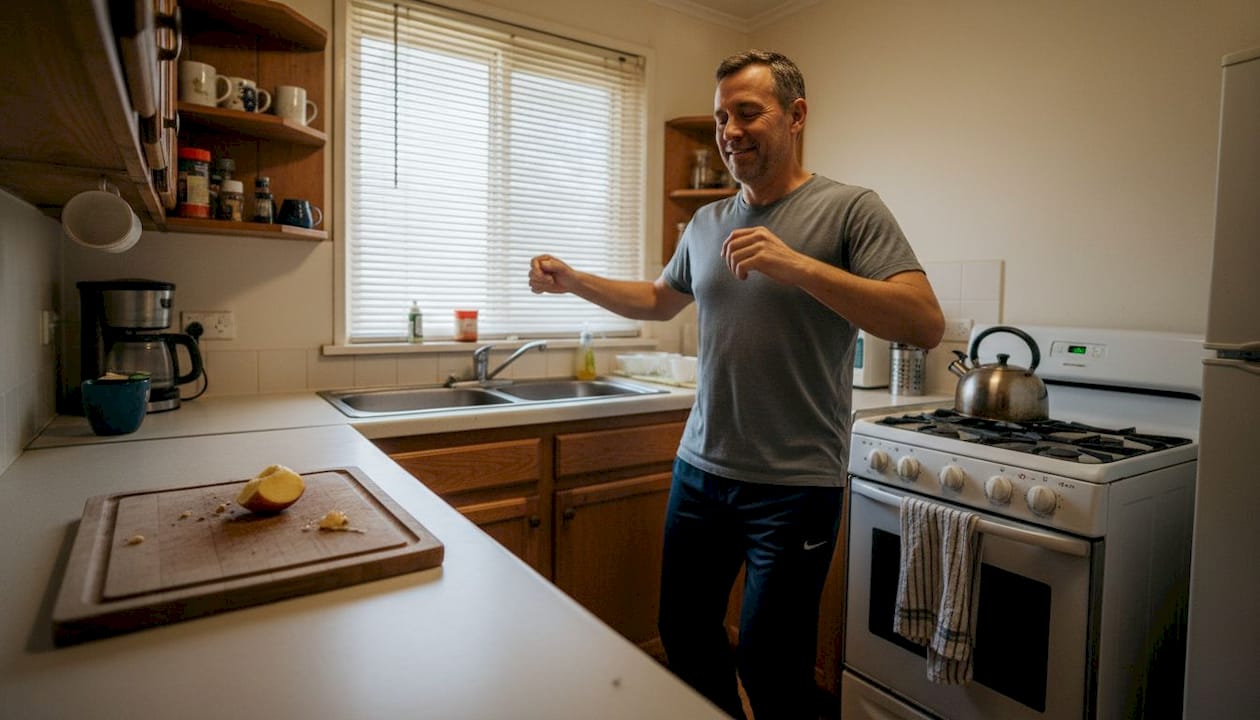 Man warming up before stretching in kitchen