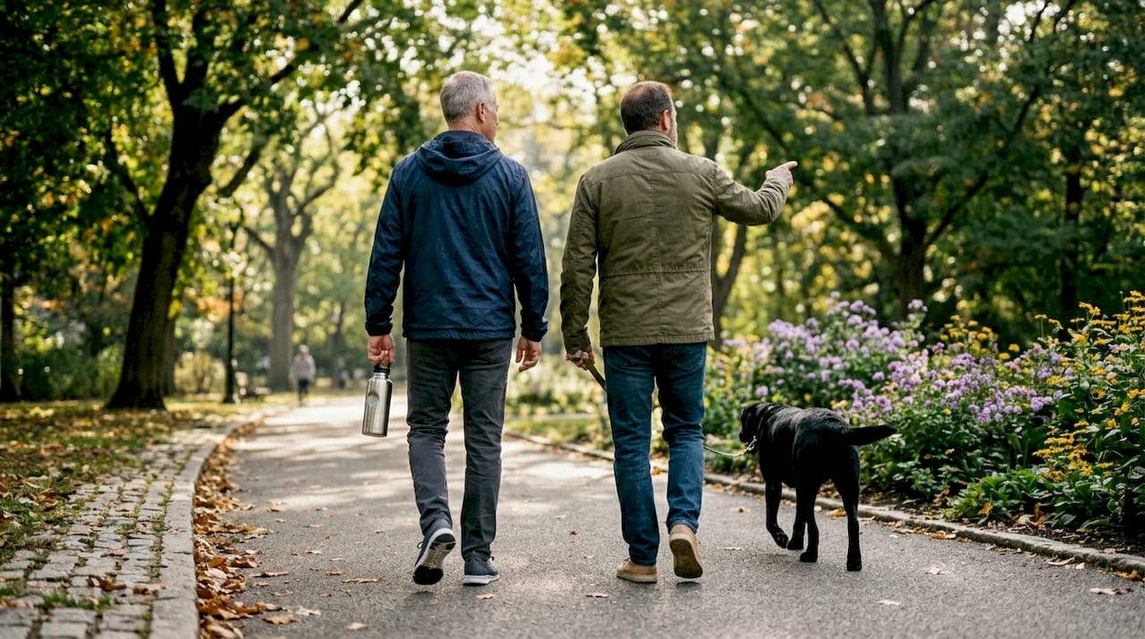 Adults walking together in leafy morning park