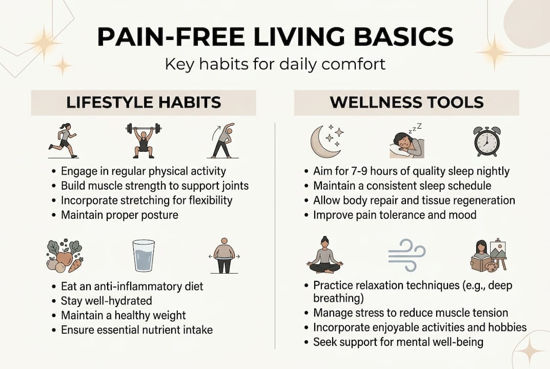 Infographic showing pain-free living basics and pillars