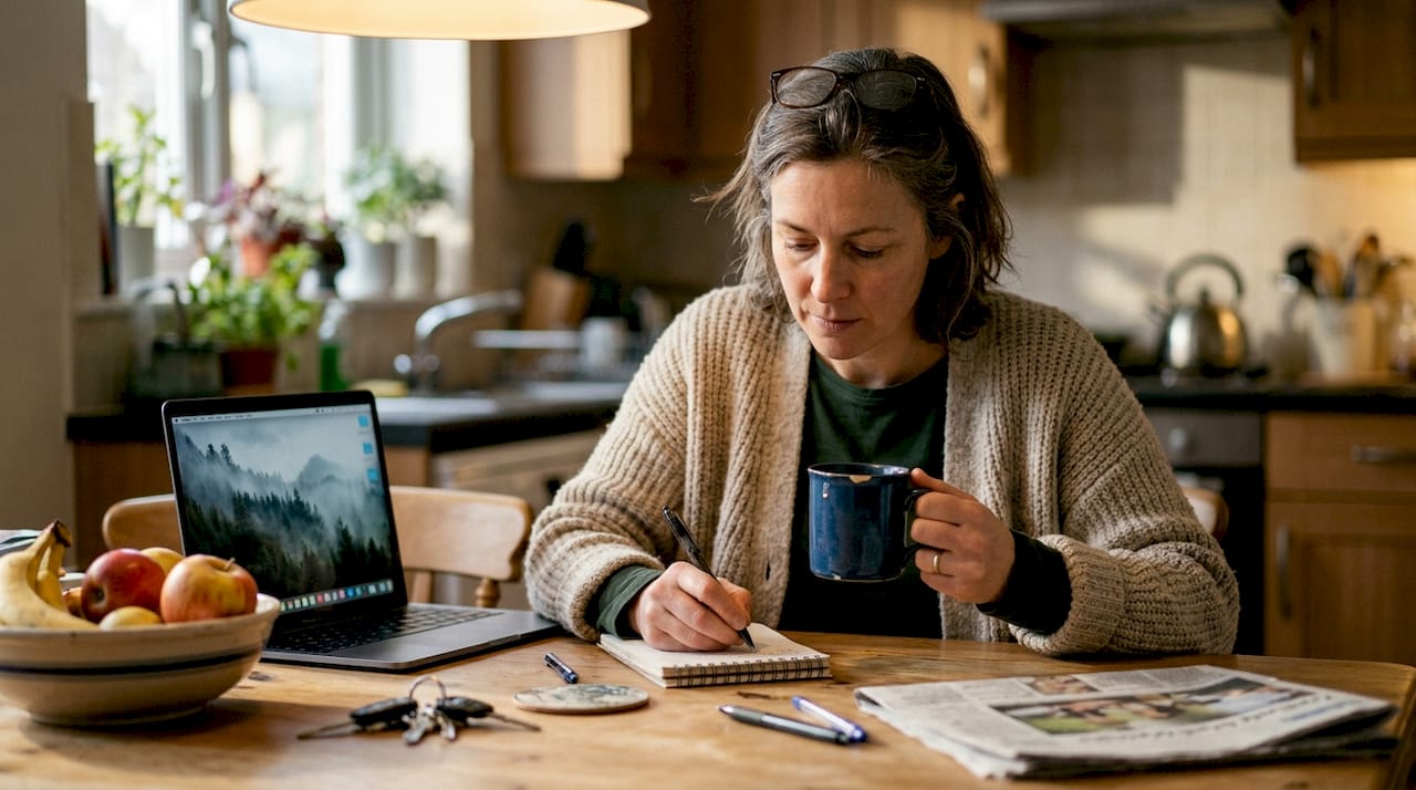 Woman journaling mindfulness at kitchen table