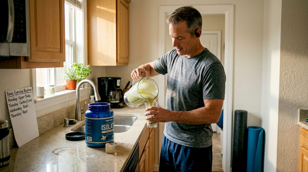 Man preparing shake in kitchen with recovery tools