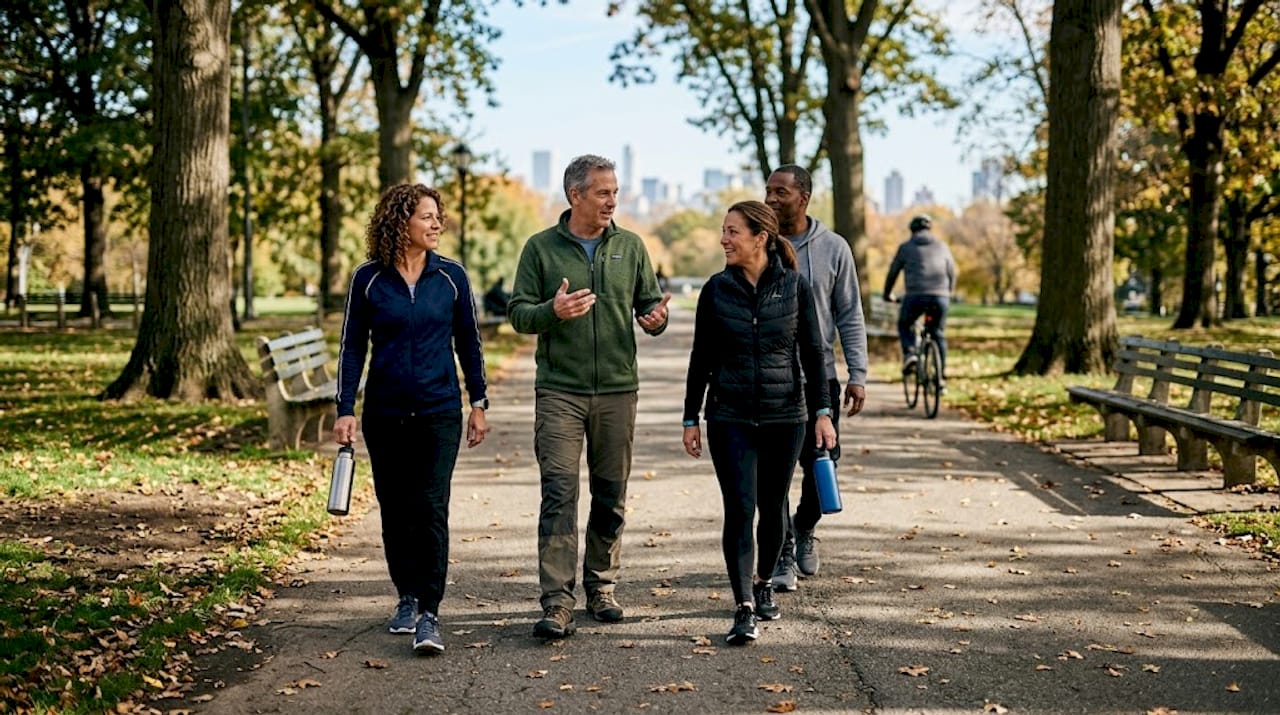 Midlife adults exercise together in city park