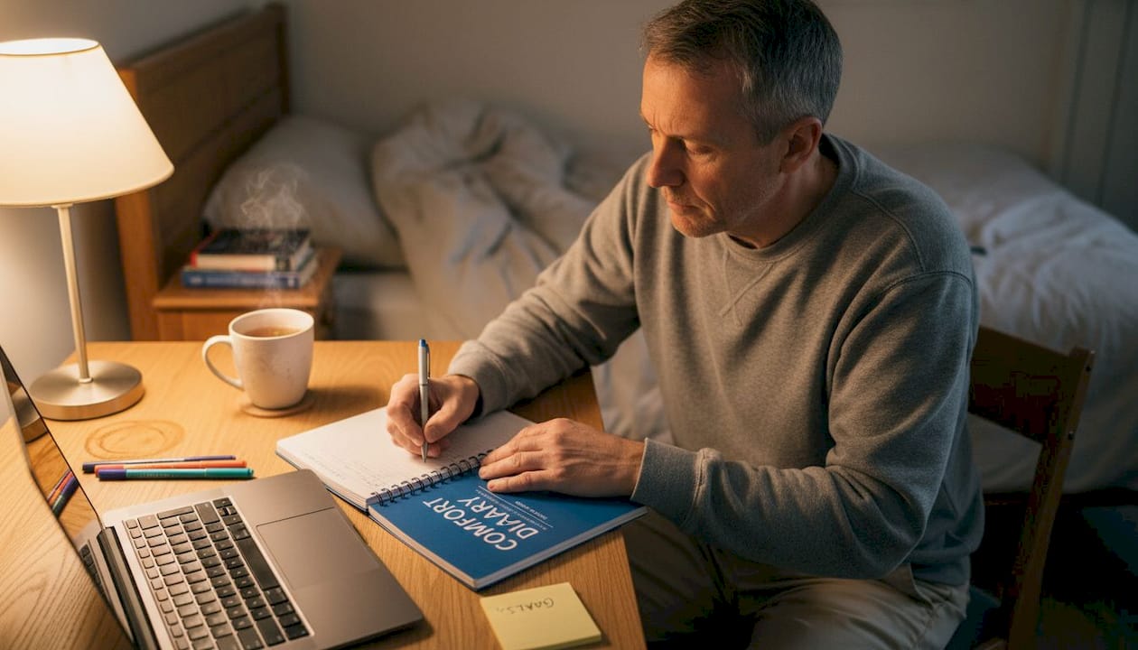 Man keeping comfort diary at bedroom desk
